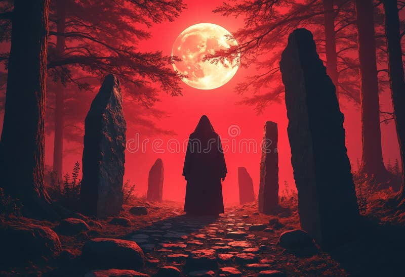 Mysterisk bild i en röd månbelyst skog med ständiga stenar royaltyfri illustrationer