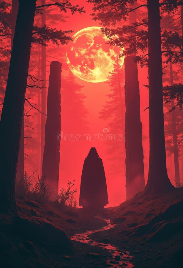 Mysterisk bild i en röd månbelyst skog med ständiga stenar royaltyfri illustrationer