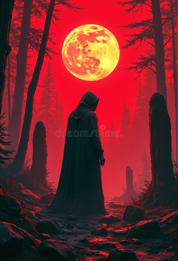Mysterisk bild i en röd månbelyst skog med ständiga stenar vektor illustrationer