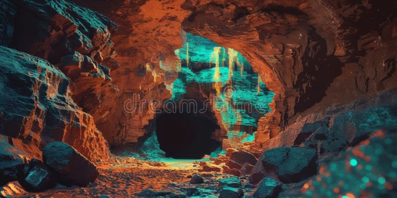 Mysterisk stongrotttäthet i bildkonsstilbakgrund med mörk och texturerad rock. royaltyfri foto
