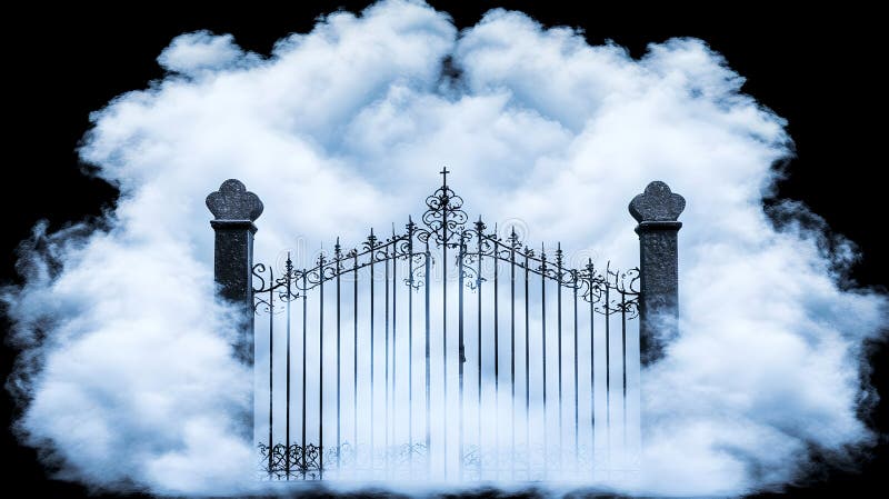 Mysteriskt metallgrate i eteralvita moln royaltyfri illustrationer