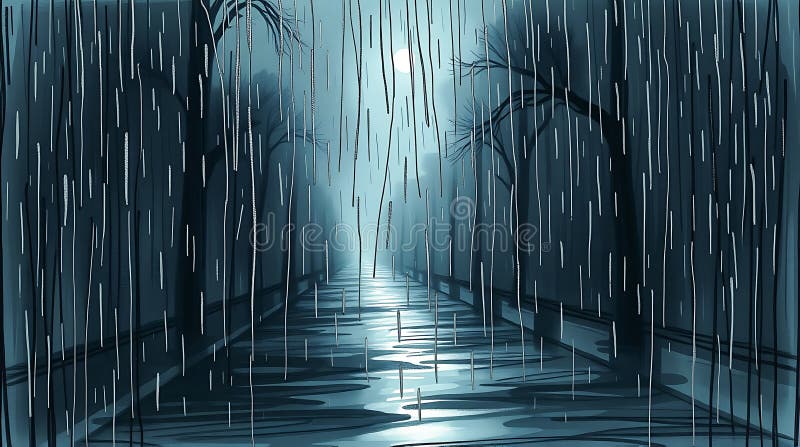 Mystert nattregn i en parkeringsbana som belyses av månljus Generative AI stock illustrationer