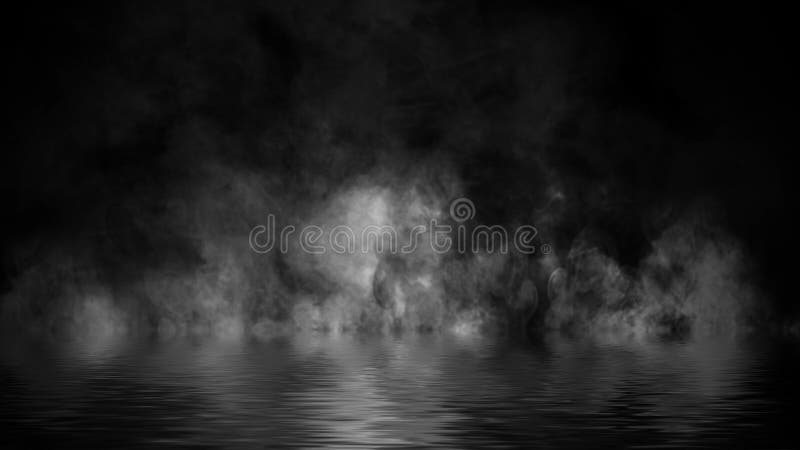 Mystery coastal fog . Smoke on the shore . Reflection in water. Texture overlays background. Stock illustration. Design element