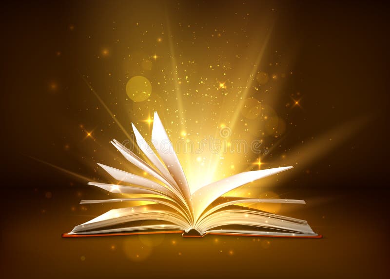 Mystery open book with shining pages. Fantasy book with magic light sparkles and stars. Vector illustration.