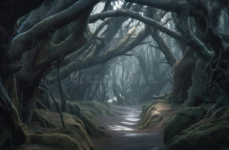 Mystery path in fairy tale forest. Generative AI illustration royalty free illustration
