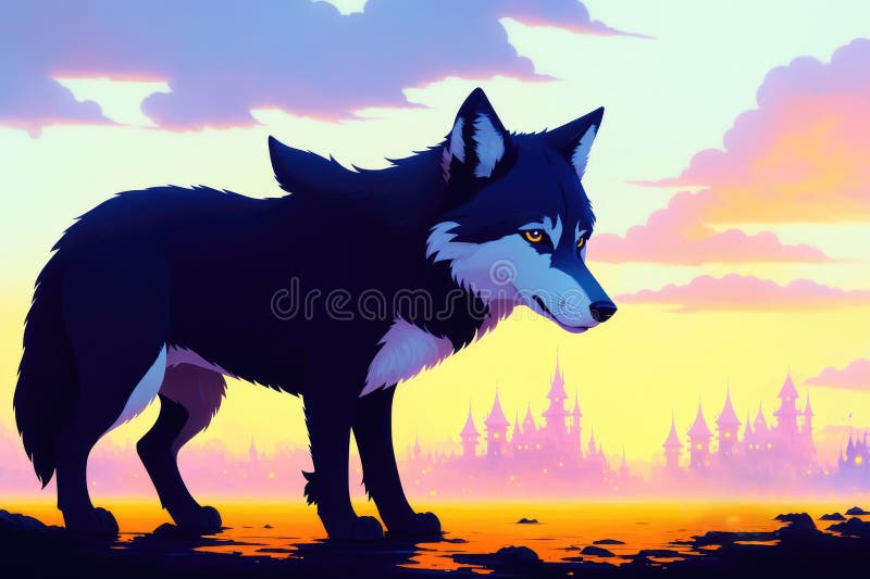 Mystery Wolf in Forest. Colorful Magic Wolf, Cartoon Style Painting ...