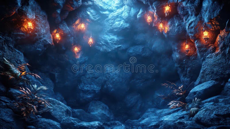 Mystic Cave Blue Rocks Orange Lights ilustracja wektor
