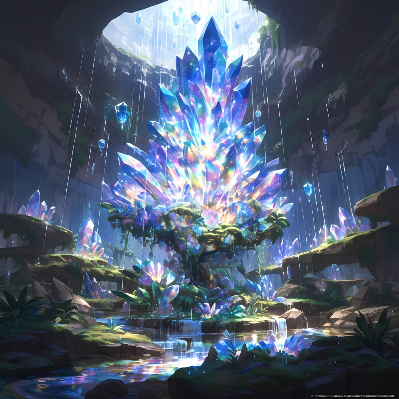 Mystic Cavern with Crystal Tree Stock Illustration - Illustration of