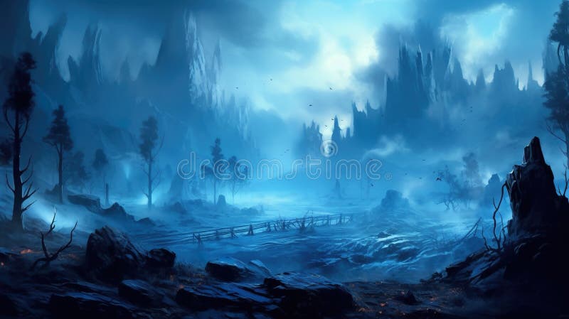 Mystic dark wood, blue mist in spooky enchanted forest in twilight