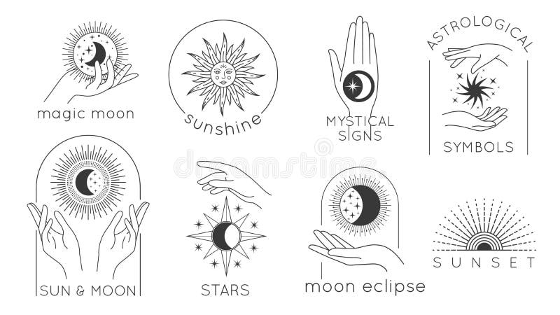 Mystic hands with star, sun and moon line logos. Astrology esoteric design with magic woman hands, sunset and sunshine