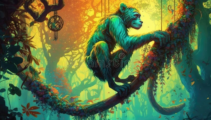Mystic Jungle\'s Fluorescent Monkey. Generative AI stock photography