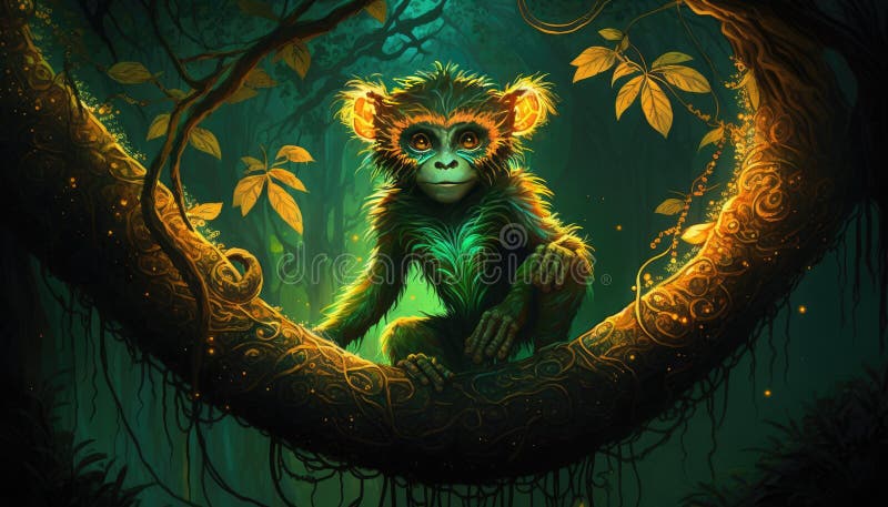 Mystic Jungle\'s Fluorescent Monkey. Generative AI stock photography