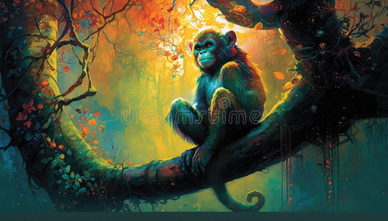 Mystic Jungle\'s Fluorescent Monkey. Generative AI stock photography