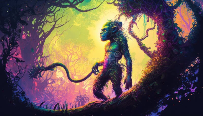Mystic Jungle\'s Fluorescent Monkey. Generative AI stock images