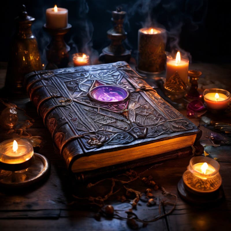 Mystical ancient book surrounded by candles and artifacts. An ancient, ornate book lies open on a table, surrounded by burning candles and mystical artifacts. The dim, smoky atmosphere creates a sense of mystery and magic, inviting viewers into a world of enchantment. AI generated