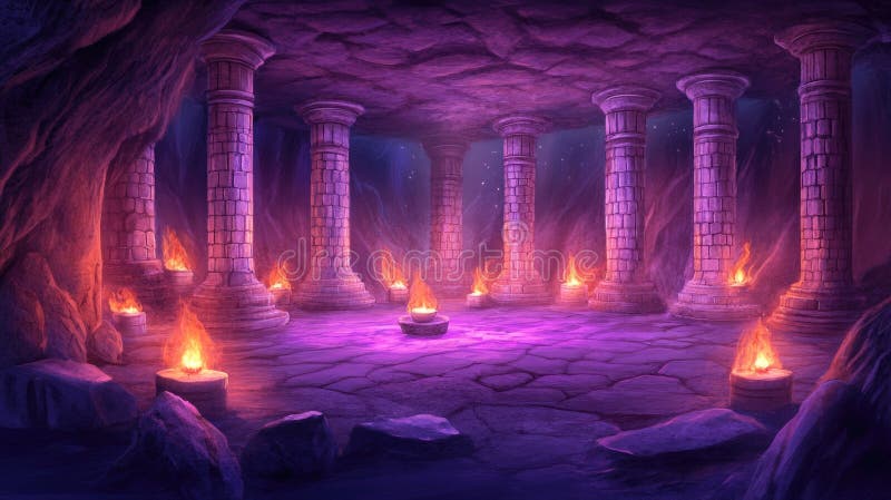 Mystical ancient cave with glowing firelights and stone columns stock photo