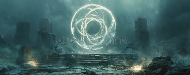 Mystical ancient ruins with floating abstract symbol of interlocking circles illuminating the area royalty free stock images