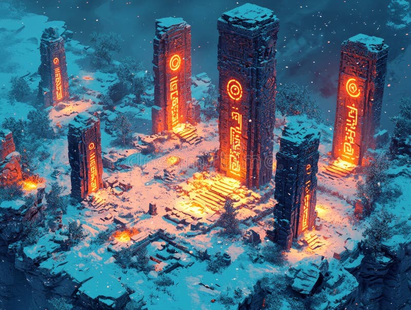 Mystical ancient ruins stand surrounded luminous glyphs carved into stone. ethereal light pulses from ground creating royalty free stock photos
