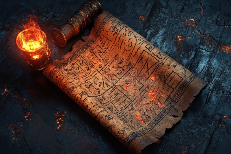 Ancient scroll with cryptic symbols and burning edges on dark surface stock photography