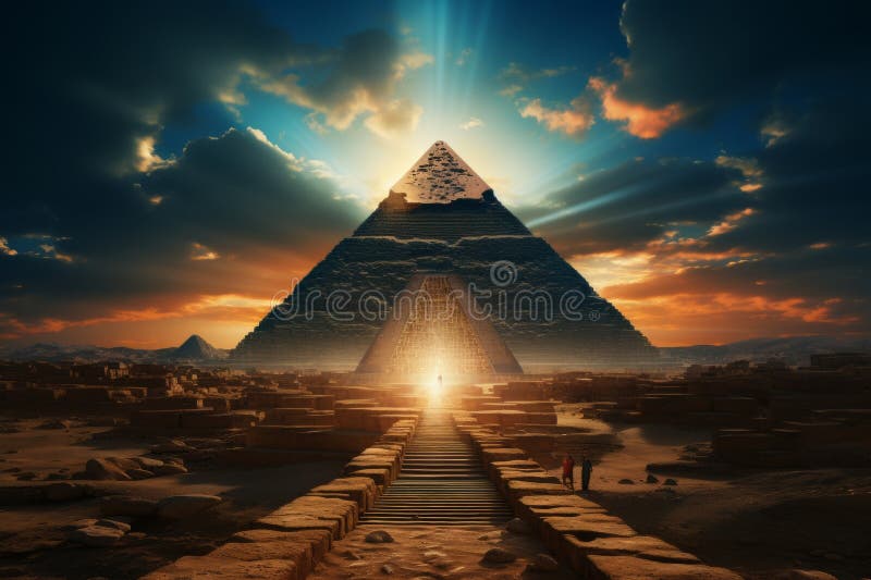 Mystical ancient stone staircase leading to glowing gates in sky beyond divine palace of clouds royalty free stock image