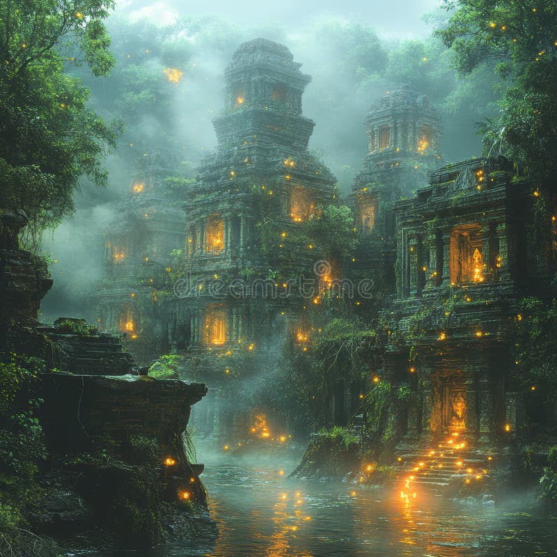 A mystical, ancient temple complex set amidst overgrown vegetation, illuminated by glowing lights and partially shrouded royalty free stock image