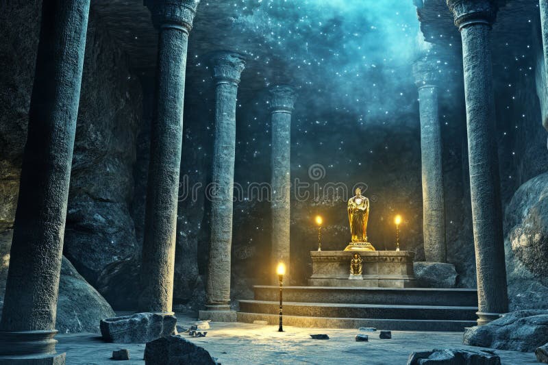 A mystical ancient temple 3D background room with towering stone pillars, flickering torchlight, and stock images