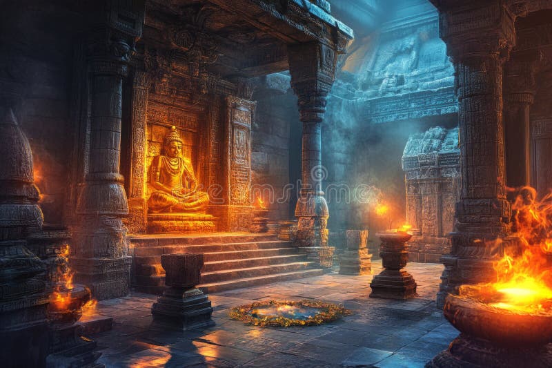 A mystical ancient temple 3D background room with towering stone pillars, flickering torchlight, and royalty free stock images