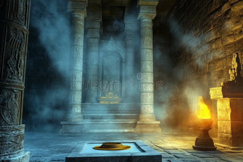 A mystical ancient temple 3D background room with towering stone pillars, flickering torchlight, and stock photos