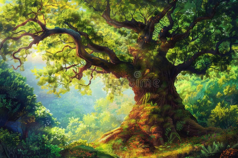 Mystical ancient tree illustration with lush foliage and dappled sunlight creating an enchanting forest atmosphere. stock images