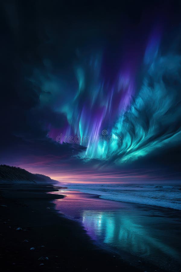 Mystical Aurora Borealis over a Serene Beach at Sunset stock illustration
