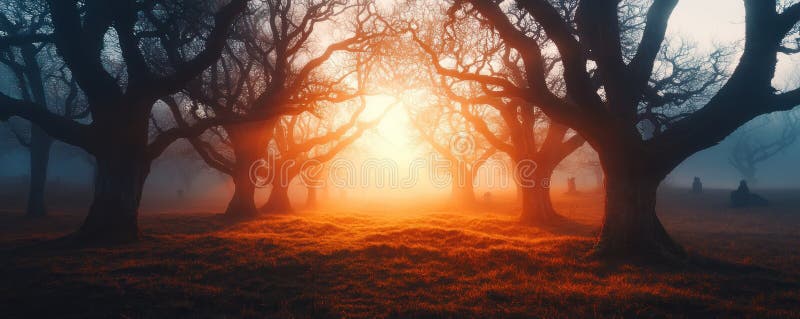 Mystical Autumn Forest Eerie Graveyard Shrouded in Fog, Light Streaming Through Twisted Trees, Nature Photography vector illustration