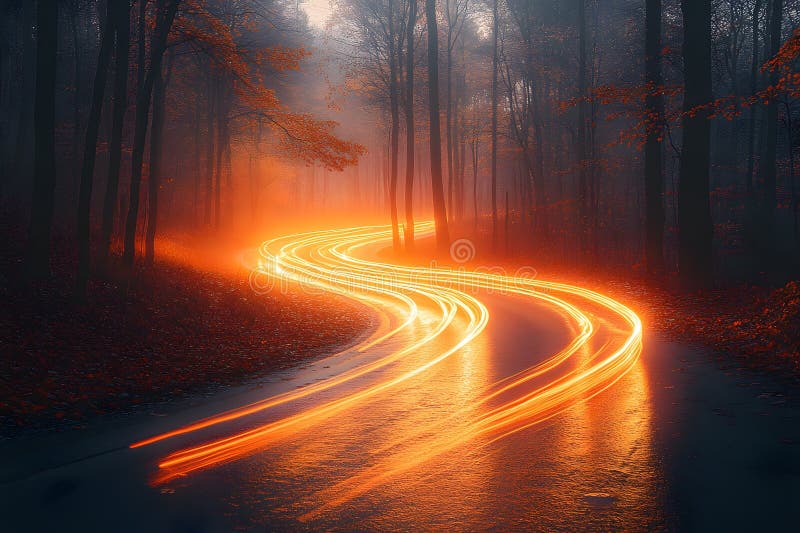 Mystical Autumn Forest med lysade ljusspår på en generativ AI för Foggy Pathway royaltyfri illustrationer