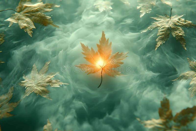 Mystical Autumn Leaf Floon on Etheral Misty Surreal Natature Concept for inspirational Design Generative AI. En glödande höstlöv flyter på en rolig mistbakgrund som skapar en eterisk och surrealistisk atmosfär. perfekt för teman med lugn förändring och naturens mystiska skönhet. Generativ AI