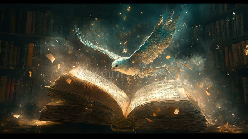 Mystical bird soaring from glowing book in magical library stock photos