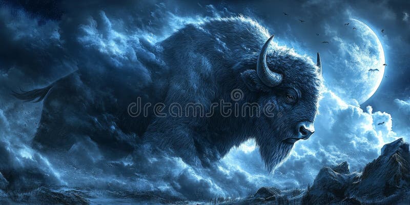 Mystical Bison Under Dramatic Moonlit Sky An Epic Scene of Nature s Majestic Creatures. royalty free illustration