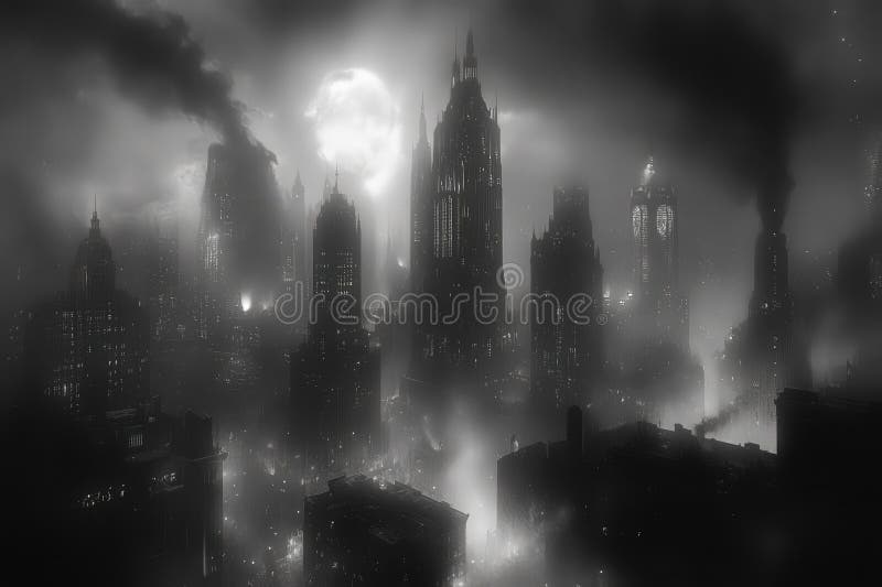 Moonlit Gothic cityscape with towering spires stock photo