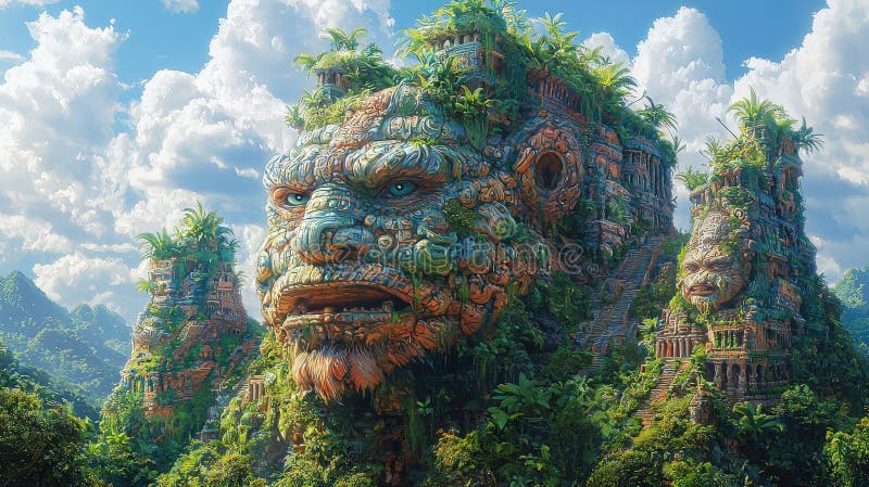Vibrant ancient stone structures with foliage stock photos