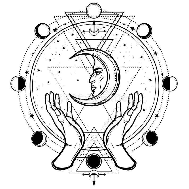 Mystical drawing: human hands hold the moon. Sacred geometry.