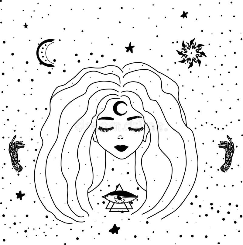 Mystical Drawing Occultism-a Beautiful Girl with Stars in Her Hair ...