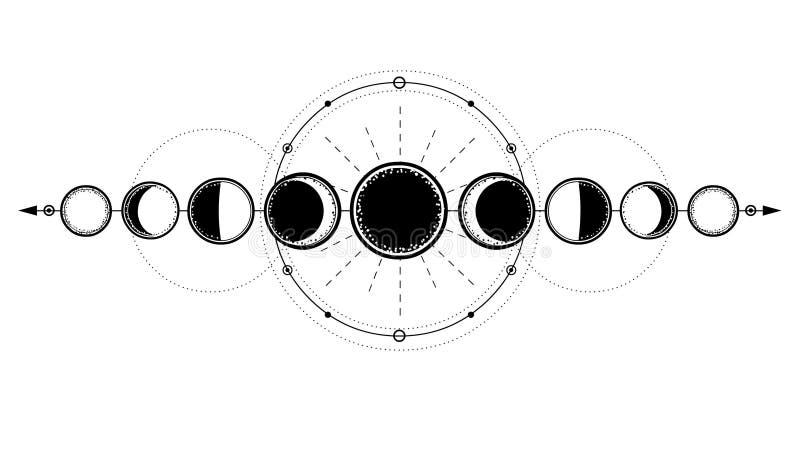 Mystical drawing: phases of the moon, energy circles. Sacred geometry.