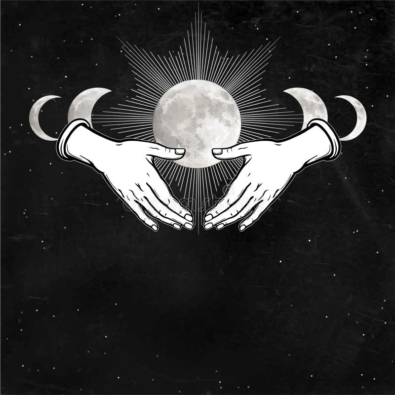 Mystical Drawing: Woman `s Hands Hold The Moon. Stock Vector ...