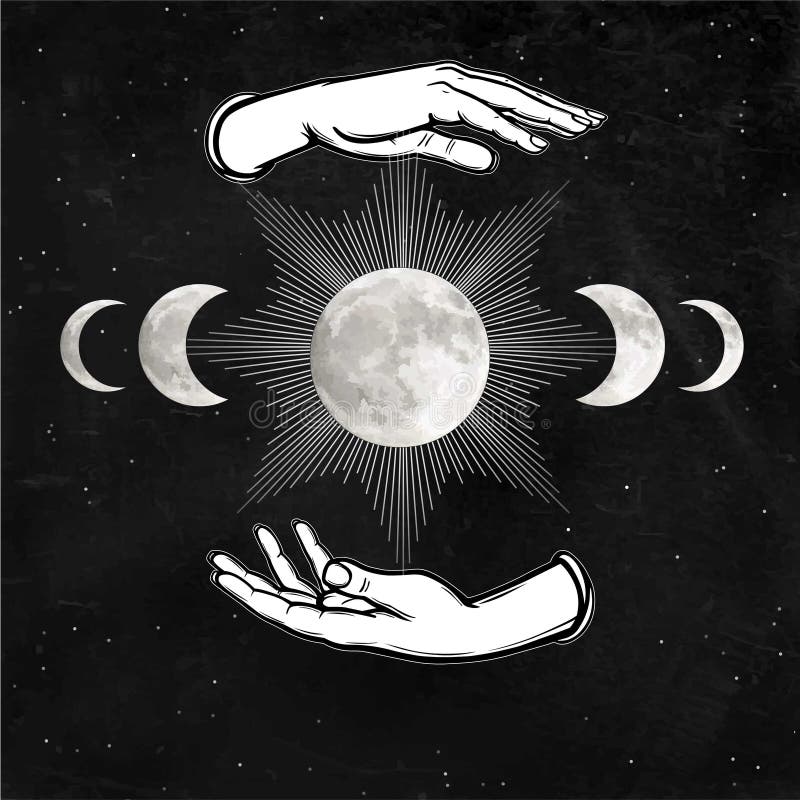 Mystical Drawing: Woman `s Hands Hold the Moon. Stock Vector ...