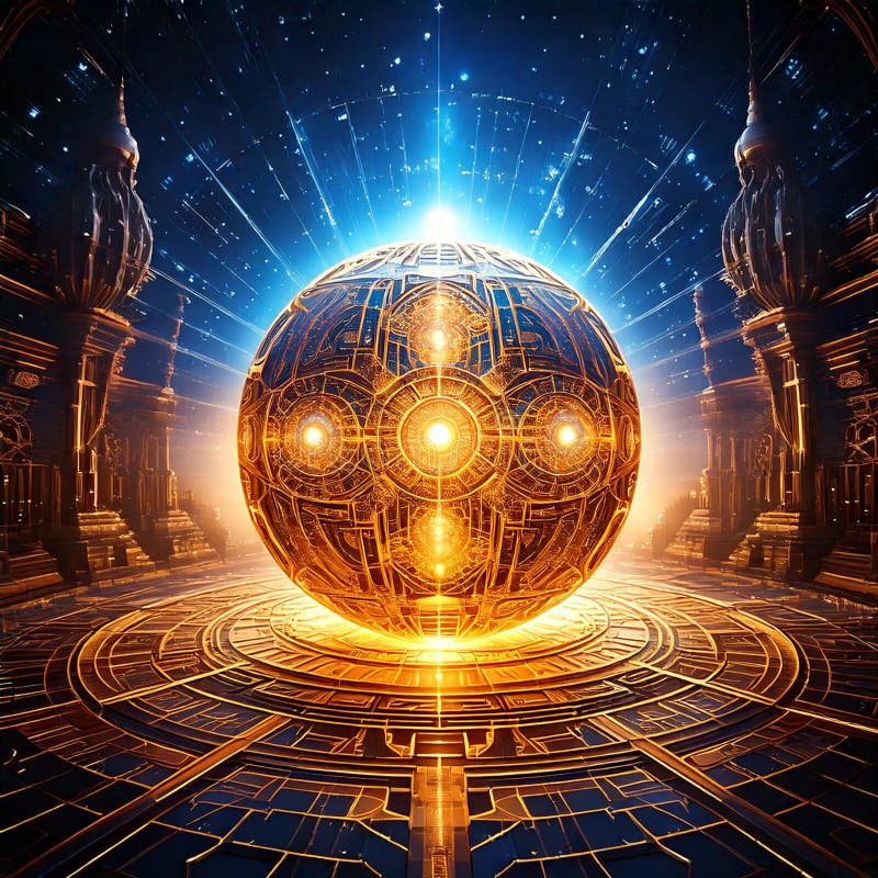 Mystical Energy Sphere in a Futuristic SciFi Landcape ndash AIGenerated Digital Artwork stock illustrationer