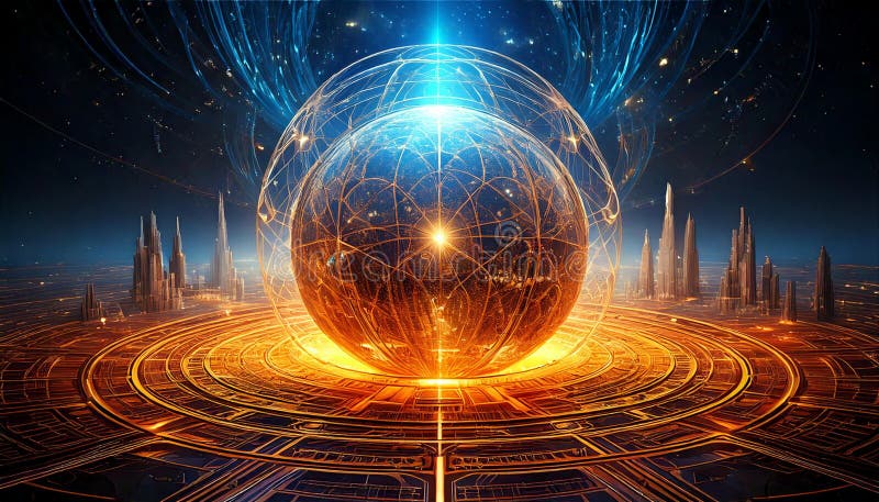 Mystical Energy Sphere in a Futuristic SciFi Landcape ndash AIGenerated Digital Artwork royaltyfri illustrationer