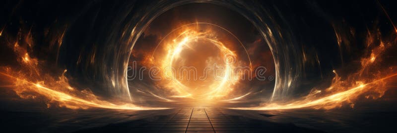 Mystical Fiery Vortex Opening. Cosmic Gateway With Fiery Rings And Swirling Energy Fields. Generative AI stock photos