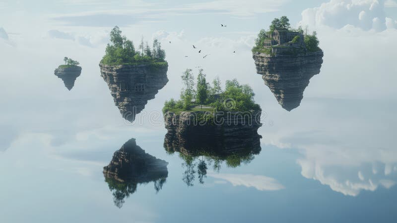 Mystical floating islands with ancient ruins and trees royalty free illustration