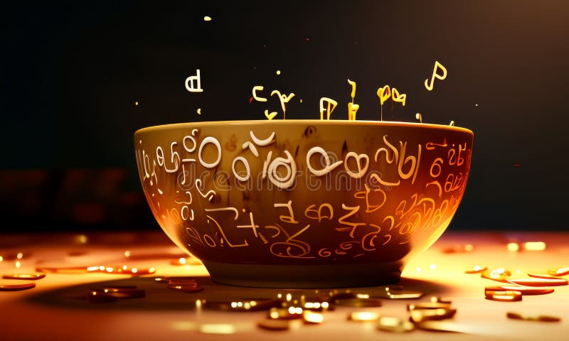 Mystical Floating Letters Above an Ancient Bowl royalty free stock images