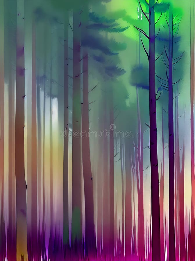 Mystical forest coniferous watercolour Pantone .
