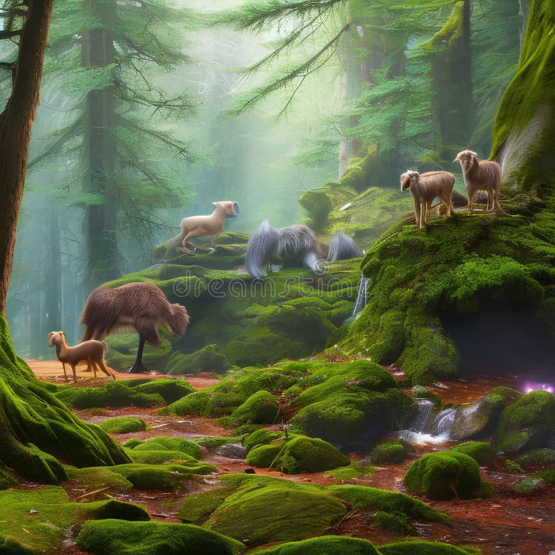 1337 Mystical Forest Creatures: A mystical and enchanting background featuring forest creatures, fairies, and mythical beings, e stock illustration