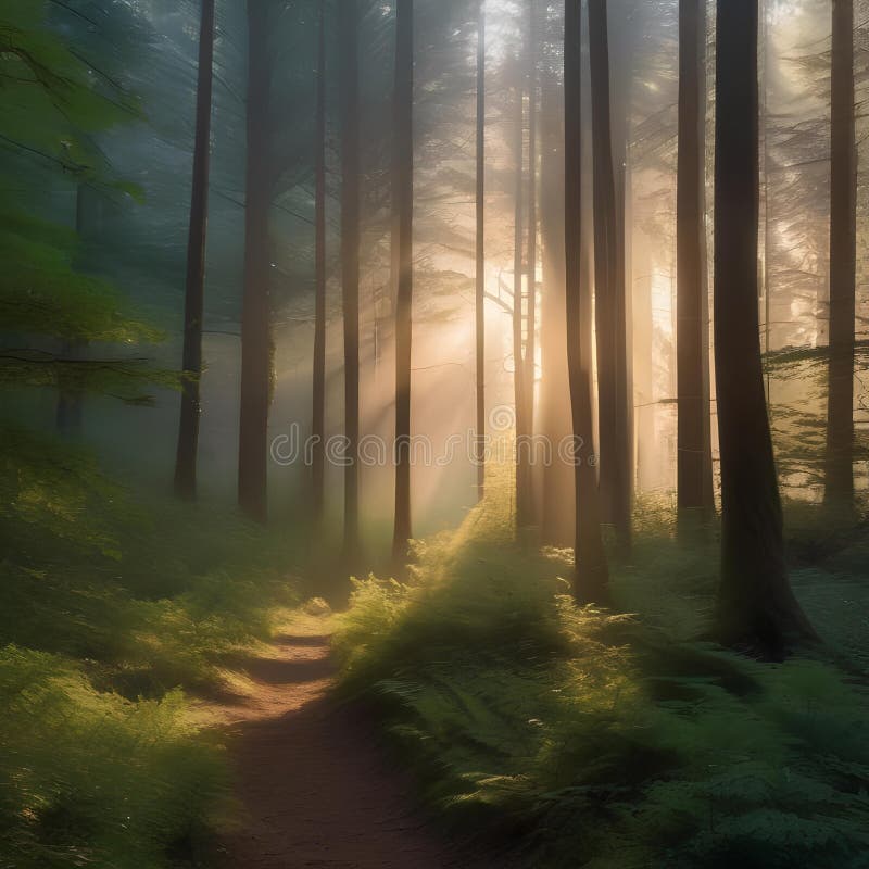 Mystical forest at dawn, with rays of sunlight piercing through dense foliage4 vector illustration
